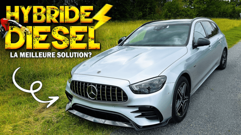 Mercedes Classe E 300 DE hybride diesel stationnée sur route, présentation du modèle avec titre "Hybride Diesel : la meilleure solution ?"